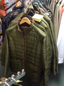New leather lined, down filled olive coat by Barbour.