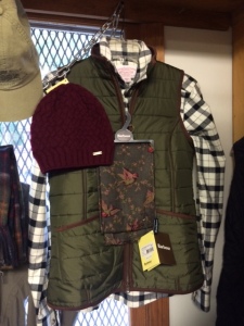 New down filled and leather lined vest by Barbour, Barbour scarf and hat, and Alaskan Guide flannel shirt by Filson.